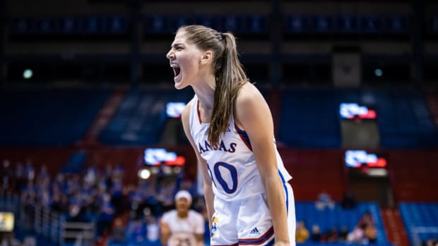 Kansas Jayhawks junior forward Ioanna Chatzileonti celebrates during the game against the Tulsa Golden Hurricane in Allen Fieldhouse